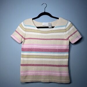 Vintage Liz Claiborne Lizsport Striped S Sleeve Knit Sweater Shirt Petite Y2K